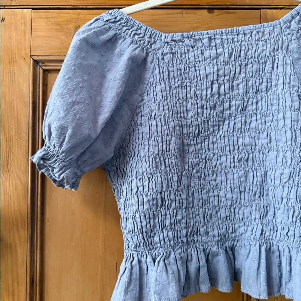 Blue Smocked Puff Sleeve Top by the brand Cotton Candy LA deep v neck cropped - Picture 6 of 6